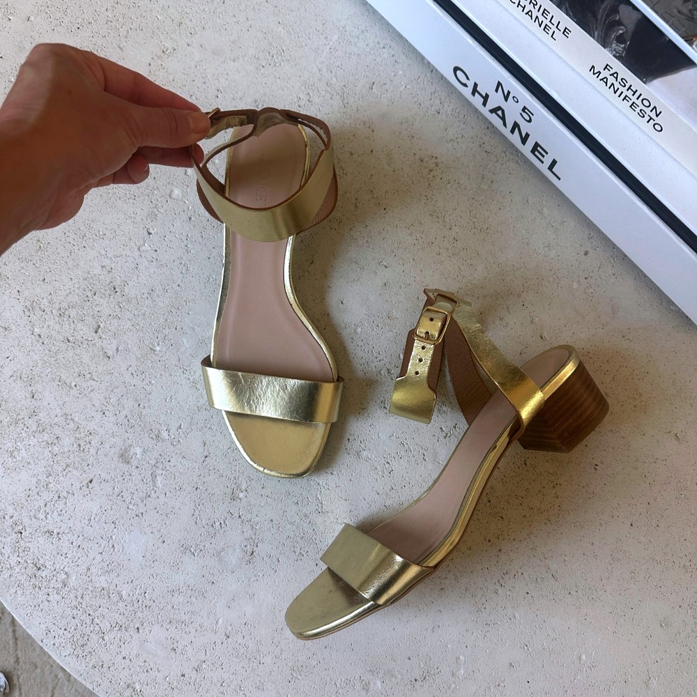 J.Crew Evie Metallic Leather Ankle Strap Block Mid Heel Sandal Made in Italy 7